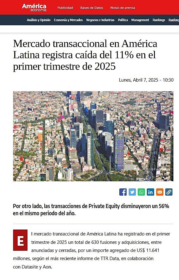 Mercado transaccional en Amrica Latina registra cada del 11% en el primer trimestre de 2025